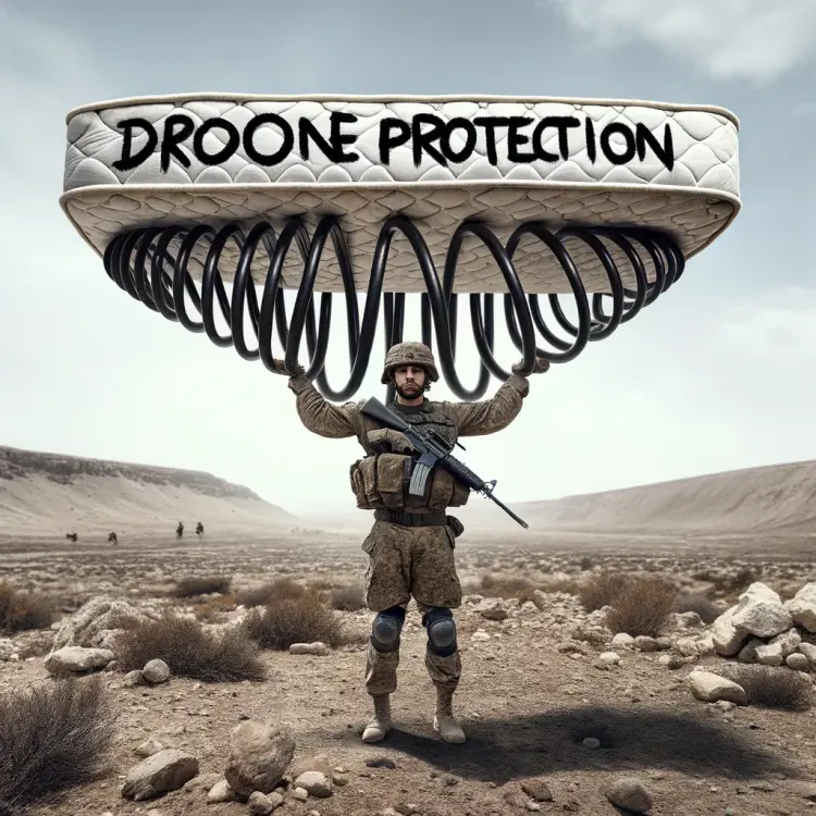 DALL·E 2024-03-15 17.37.36 - Visualize a soldier in a rugged terrain, holding a mattress spring high above his head with both hands, a makeshift yet imaginative approach to drone .webp