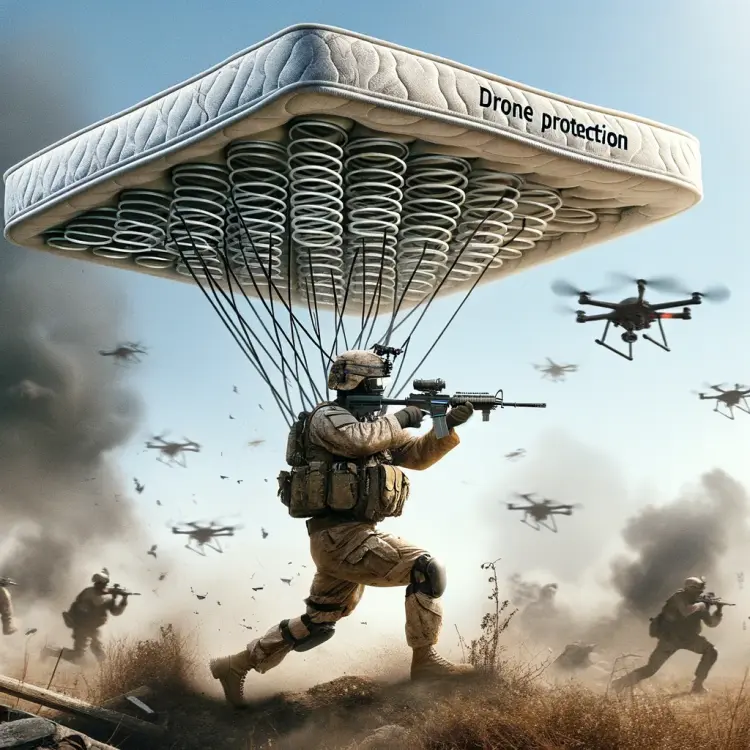 DALL·E 2024-03-15 17.37.46 - Imagine a soldier strategically navigating through a battlefield, ingeniously using a large mattress spring held above his head as a makeshift shield .webp