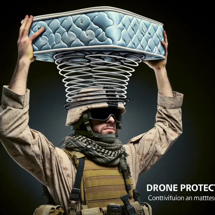 DALL·E 2024-03-15 17.37.56 - A soldier in a combat situation creatively uses just the spring from a mattress, without the mattress itself, as a form of drone protection. He holds .webp