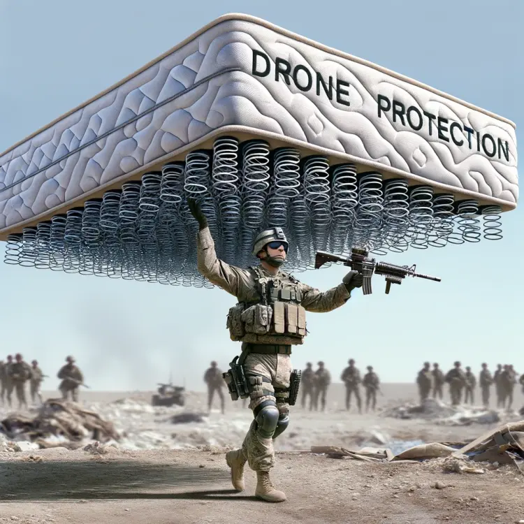 DALL·E 2024-03-15 17.38.10 - Envision a soldier on a battlefield, utilizing only the springs from a mattress, devoid of any mattress material, as an ingenious drone protection met.webp