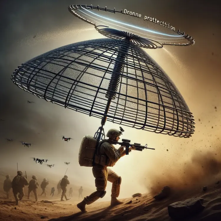 DALL·E 2024-03-15 17.38.31 - Imagine a scene where a soldier, through sheer determination and resourcefulness, manually carries a protective spring structure, designed like a mesh.webp