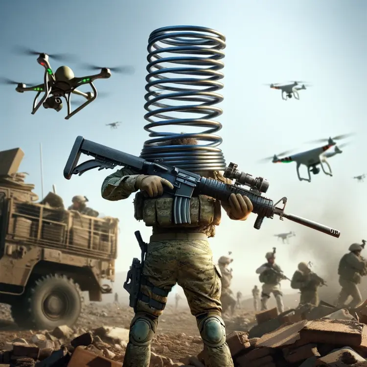 DALL·E 2024-03-15 17.38.40 - Visualize a soldier in a battlefield scenario, distinctly carrying a spring from a bed over his head as a means of drone protection. The spring is cle.webp