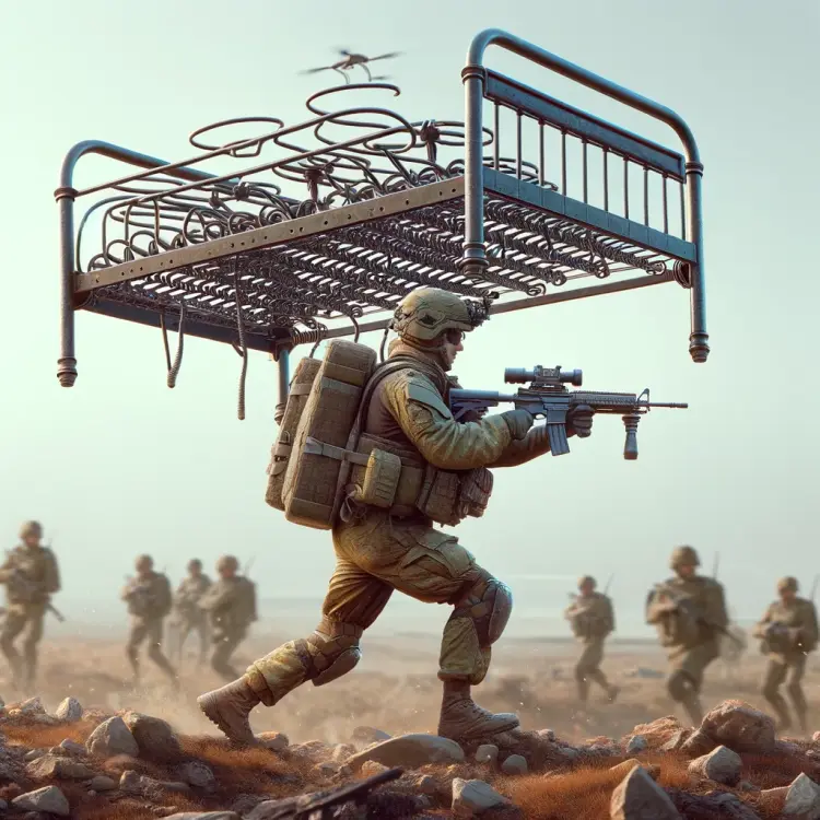 DALL·E 2024-03-15 17.38.50 - Depict a soldier on the battlefield, this time carrying an entire iron bed frame, complete with its springs, above his head as a form of drone protect.webp