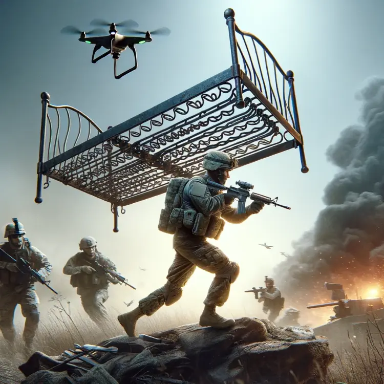 DALL·E 2024-03-15 17.38.57 - Reimagine the scene with a soldier in a dynamic battlefield environment, once again carrying an iron bed frame with its springs intact above his head .webp