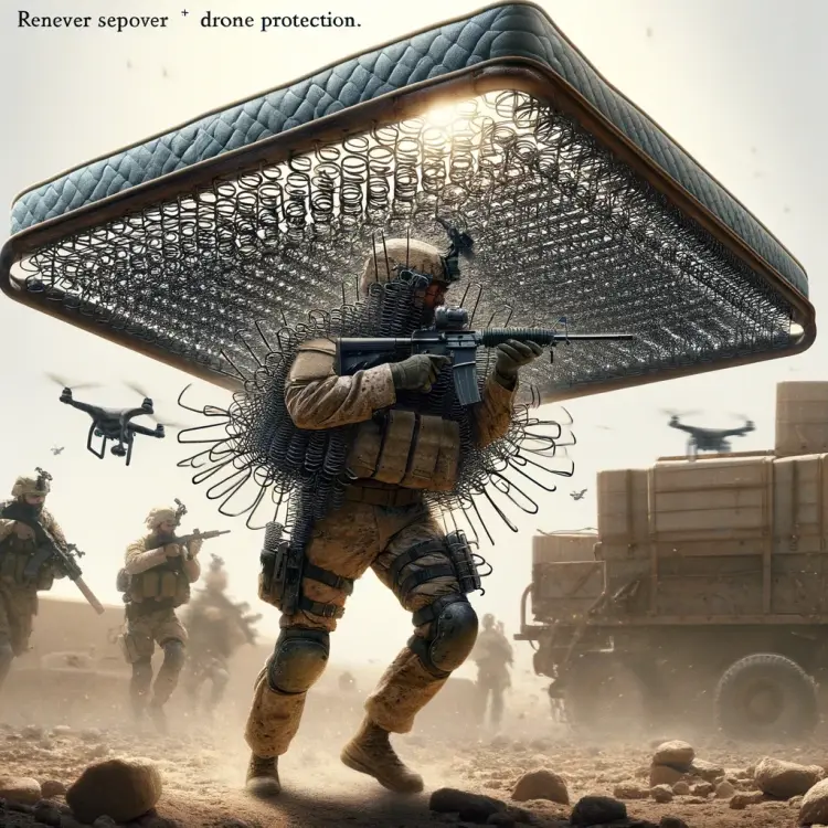 DALL·E 2024-03-15 17.39.07 - Revise the depiction to show a soldier in a combat environment, again carrying an iron bed frame over his head, with the modification that the springs.webp