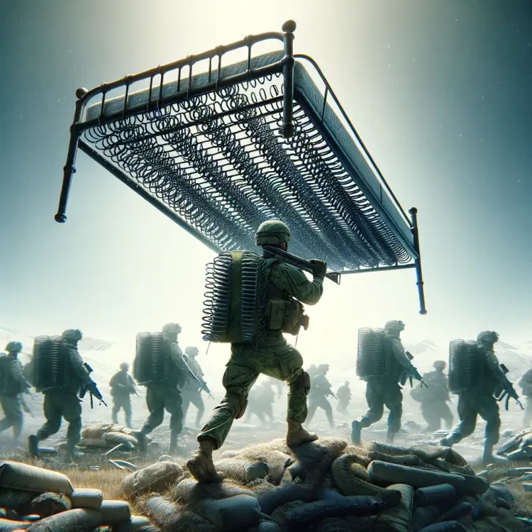 DALL·E 2024-03-15 17.39.14 - Further refine the visualization to depict a soldier navigating through a combat zone, carrying an iron bed frame overhead, now with springs so densel.webp